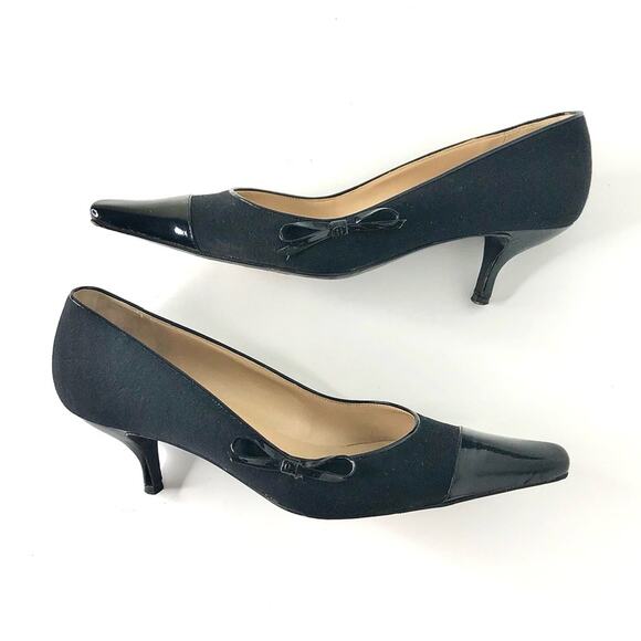 Chanel Retro Vintage Lagerfeld CC Bow Kitten Heel Pointed Toe Cap Toe Pumps 38 - Picture 5 of 11